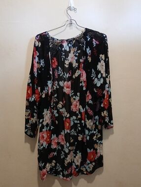 Black Floral Long Sleeve Shift Dress with Pink & Red Blooms